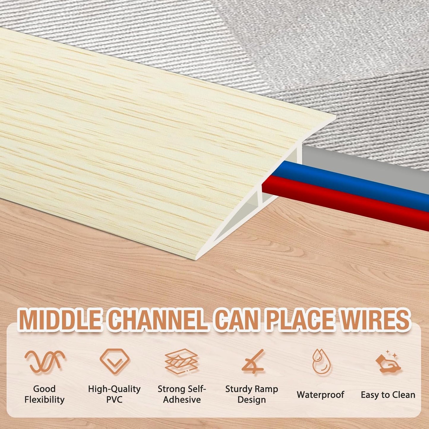 Floor Transition Strip Self Adhesive Vinyl Door Threshold for Doorways Carpet Edging Trim Overlap Edge Reducer for Laminate Floor, Carpet, Tile (Beige Wood Grain, 3/5" to 4/5", 10Ft)