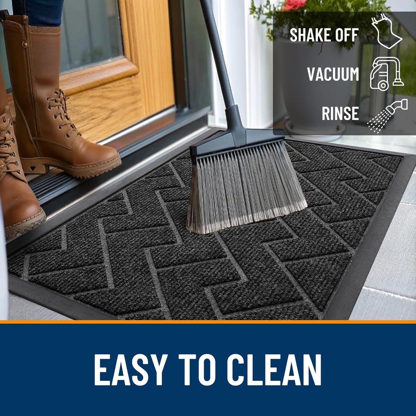 OLANLY Front Door Mat Indoor Outdoor Entrance, Waterproof All-Season, All-Weather Doormat, Sturdy Natural Rubber, Low Profile, Easy Clean Patio Porch Entryway Mat, Herringbone Brick (Black, 47x23)