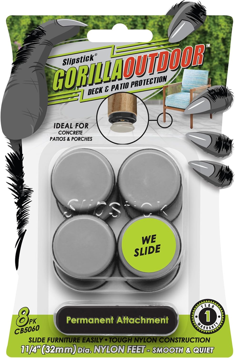 Gorilla Outdoor 1-1/4 Inch Furniture Sliders/Chair Glide Floor Protectors (Set of 8) Screw-On Nylon Furniture Glides for Sliding on Outdoor and Indoor Floors