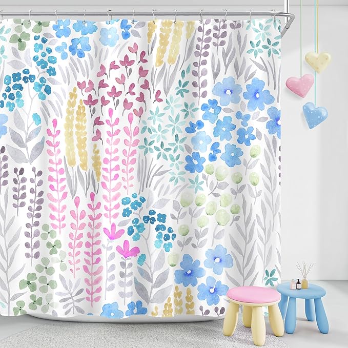 Long Shower Curtain 72 x 78 Inch, Tall Cute Floral Shower Curtain for Bathroom, Blue Pink Yellow Wildflower Boho Cottagecore Fabric Shower Curtain Set with Hooks