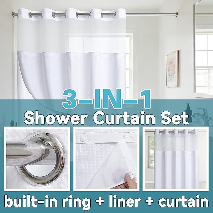 Conbo Mio Extra Long No Hook Waffle Weave Shower Curtain with Snap in Liner Set, Hotel Luxury White Shower Curtains for Bathroom with See Through Top Window, Waterproof, Washable 71W x 84H