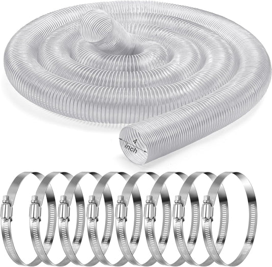 4 Inches 30 ft PVC Dust Collection Hose with Stainless Steel Clamps Set Flexible Clear Vacuum Puncture Resistant Fume Hose for Vacuums Cleaner Fume Dust Collection System
