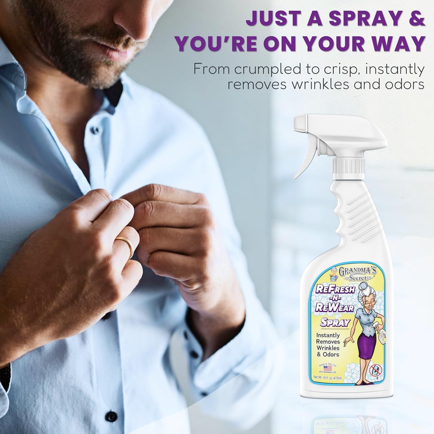 Grandma's Secret ReFresh N ReWear Spray - Instantly Removes Wrinkles & Odors - Wrinkle Release, Fabric Refresher Spray, Chlorine, Bleach and Toxin-Free - 16 Ounce