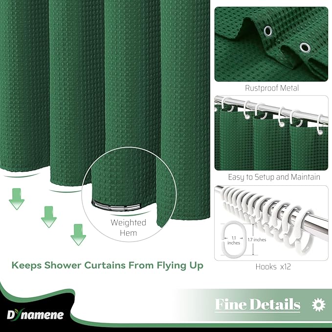 Dynamene Long Fabric Shower Curtain - 78 inch Long Waffle Weave Weighted Cloth Shower Curtains for Bathroom, Neutral Heavy Duty Hotel Spa Luxury Bath Curtain Set with 12 Hooks, 72x78, Dark Green