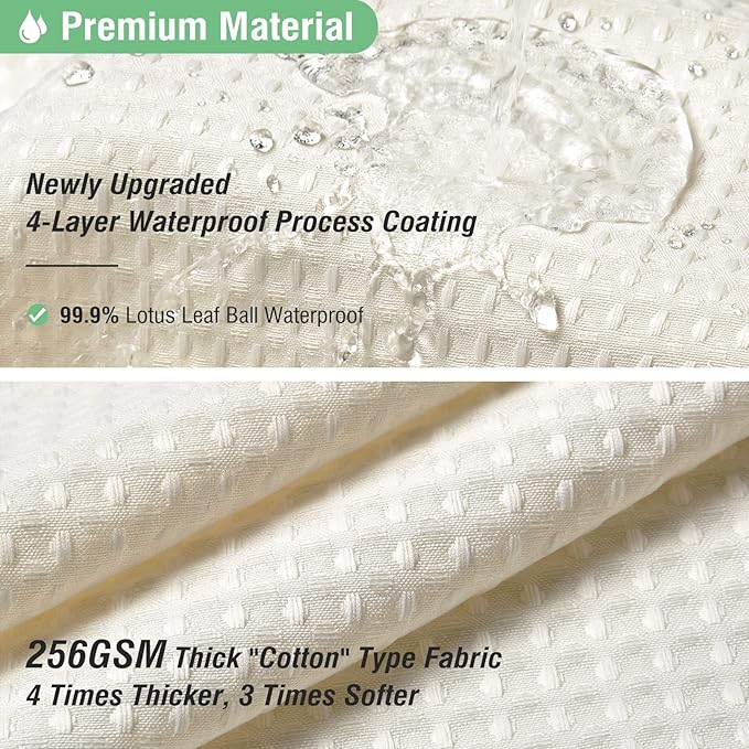 Dynamene Extra Long Shower Curtains - Waffle Fabric 90 Inches Long Heavy Duty Cloth Shower Curtains for Bathroom, 256GSM Tall Hotel Luxury Shower Curtain Set with 12 Plastic Hook, 72x90, Cream/Ivory