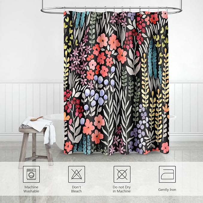 Colorful Floral Shower Curtain, Cute Boho Flower Fabric, Funky Watercolor Wildflower Shower Curtain Set, Cottagecore Bohemian Bathroom Decor, Black, 72x72