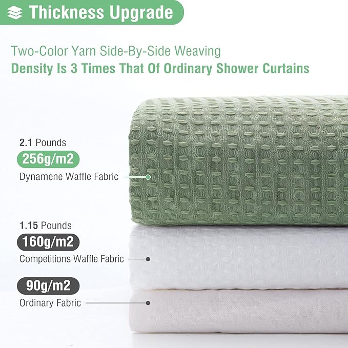 Dynamene Stall Fabric Shower Curtain - 48 inch Wide Waffle Weave Weighted Thick Cloth Shower Curtain for Bathroom, Neutral Heavy Duty Hotel Spa Luxury Bath Curtain Set with 8 Hook, 48x72, Sage Green