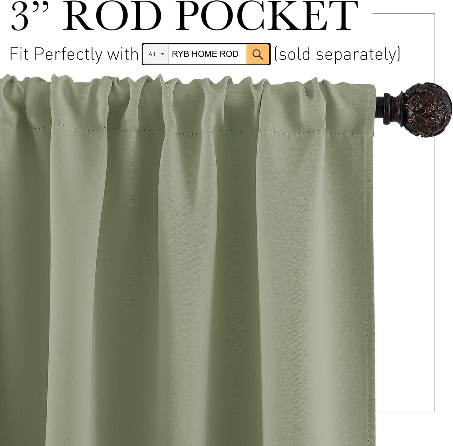 RYB HOME Sage Green 63 inch Curtains for Living Room, Blackout Window Drapes Light Blocking and Noise Reducing Panels for Boys Bedroom Nursery, W 42 x L 63 inchs, Set of 2, Sage Green