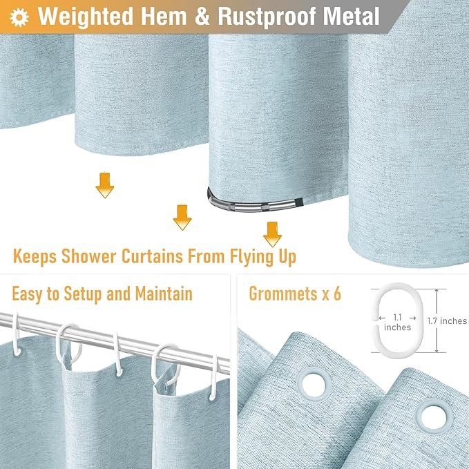 BTTN Stall Fabric Shower Curtain - 36x72 Inch Narrow Linen Textured Heavy Duty Shower Curtain Set with 6 Plastic Hooks, Half Neutral Minimalist Waterproof Modern Shower Curtains for Bathroom, Fog Blue