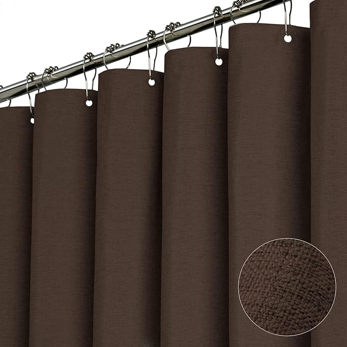 BTTN Fabric Shower Curtain, Linen Textured Heavy Duty Polyester Cloth Shower Curtain Set with Plastic Hooks, Brown, 54x78