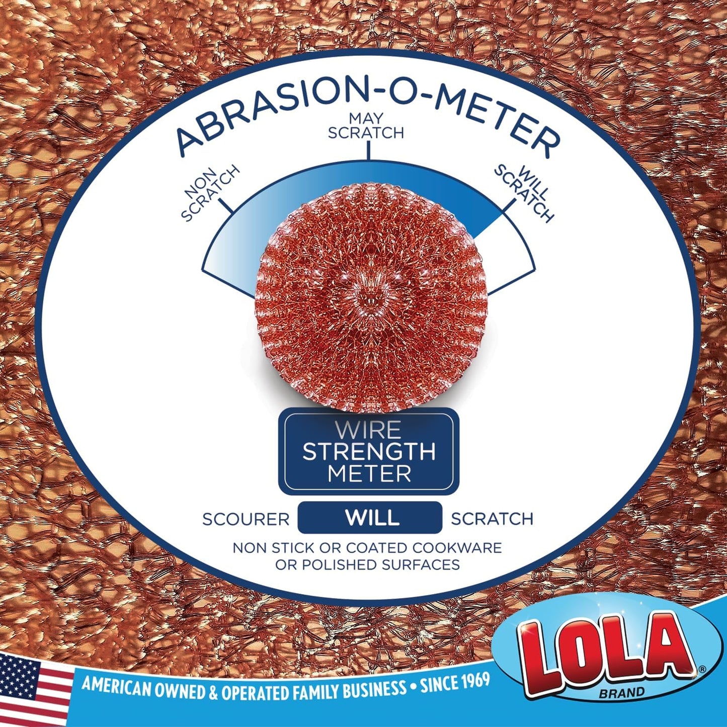 Copper Mesh Scouring Pad by LOLA, 2 Pack, 45 Grams, 4" Heavy Duty Cleaning Pads, Copper Coated Knitted Wire Mesh, Recyclable, Cleans Baked On Messes