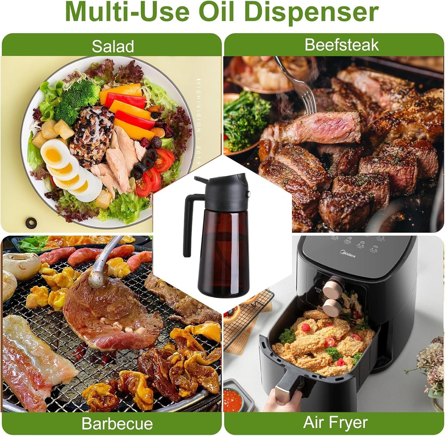 2-in-1 Glass Oil Dispenser & Sprayer - 16oz/470ml Leakproof Olive Oil Sprayer Bottle for Cooking, Air Fryer, BBQ, Baking, Salad (Green)