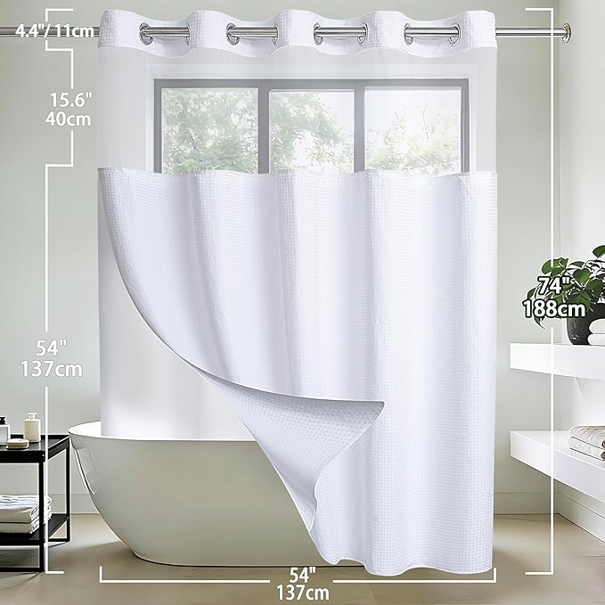 Conbo Mio Stall No Hook Waffle Weave Shower Curtain with Snap in Liner Set, Hotel Luxury White Shower Curtains for Bathroom with See Through Top Window, Waterproof, Washable 54W x 74H