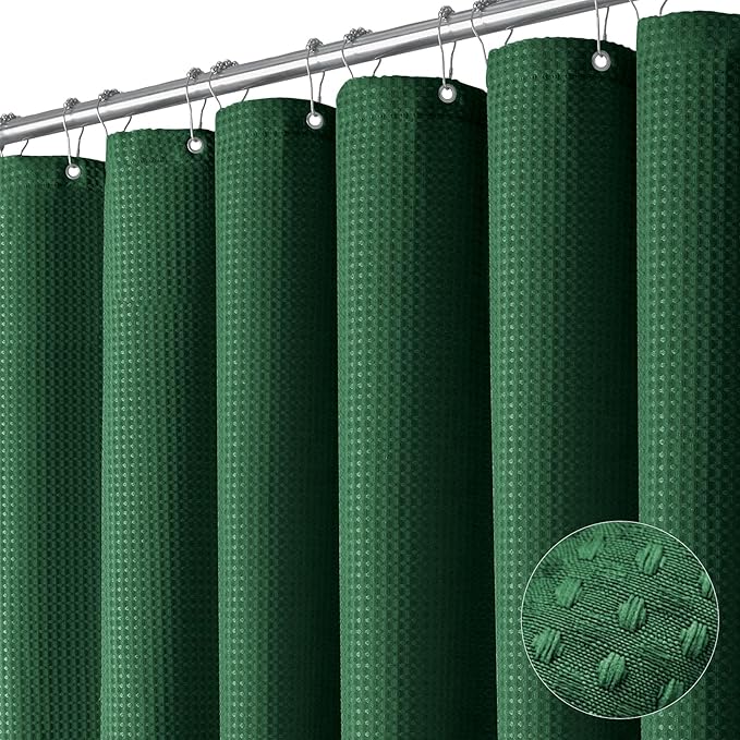 Dynamene Extra Long Shower Curtain - 84 Inch Long Waffle Weave Heavy Duty Fabric Bathroom Shower Curtain, Neutral Weighted Hotel Thick Bath Curtain Set with 12 Plastic Hooks,72x84, Dark Green