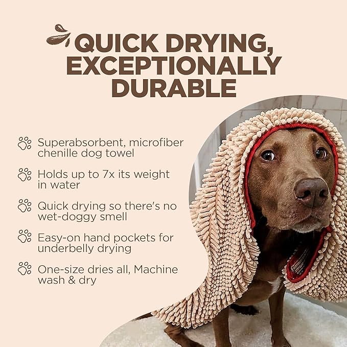 Soggy Doggy Super Shammy Dog Towel - Microfiber Chenille Towel for Drying Dogs and Cleaning Paws - Fast Drying with Hand Pockets for Ease (Beige/Red Trim, 31” x 14”)