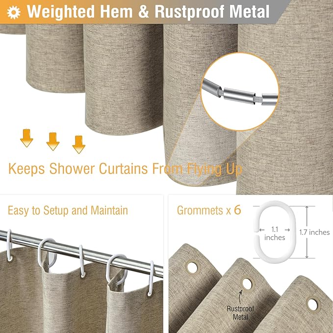BTTN Fabric Shower Curtain, Linen Textured Heavy Duty Polyester Cloth Shower Curtain Set with Plastic Hooks, tan, 36x72