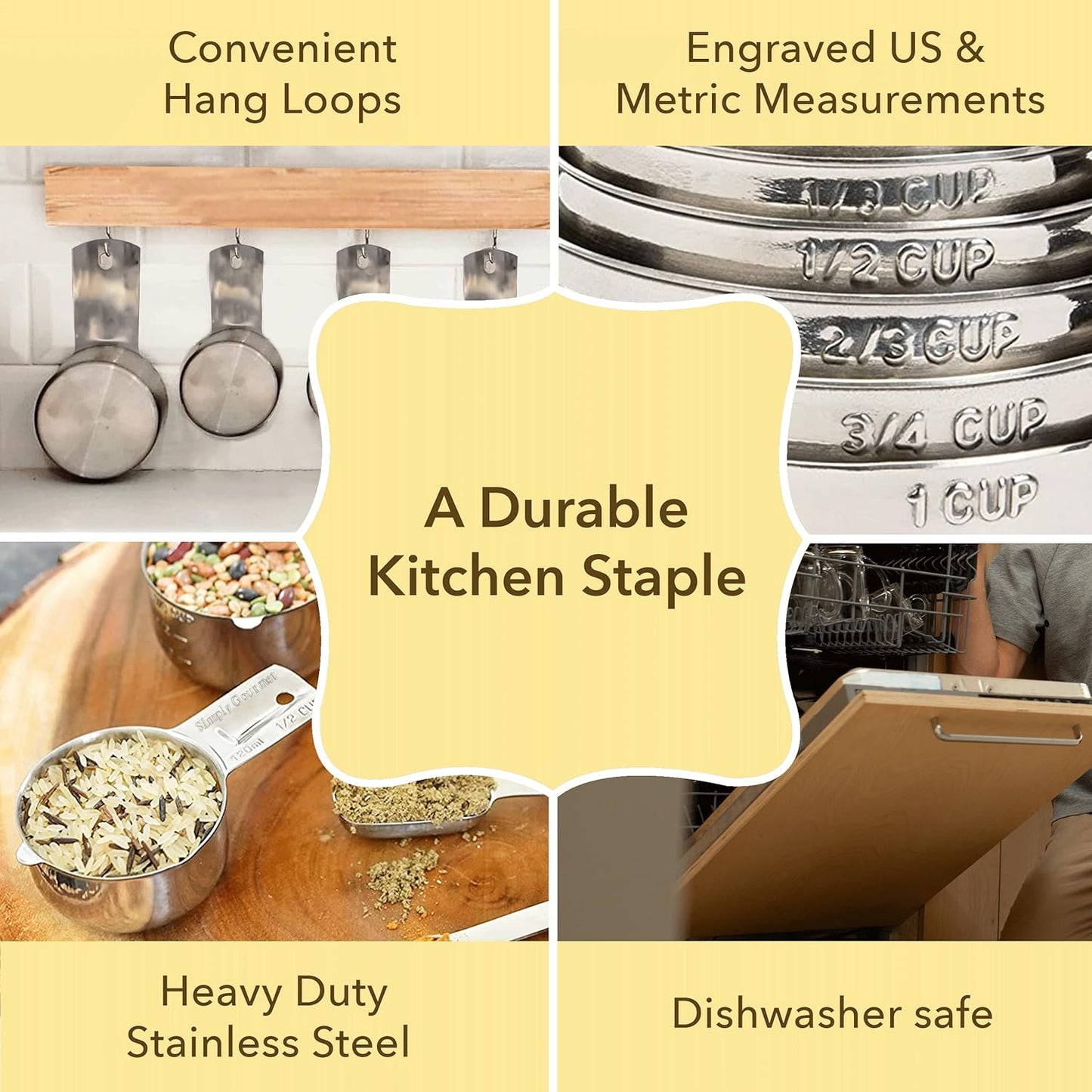 Simply Gourmet Measuring Cups and Spoons Set of 12 – Stainless Steel Kitchen Gadgets – Stackable Design with Long Handle Spoons – Fits in Jars – Cooking & Baking Measuring Set for Dry & Liquid