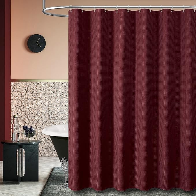 Dynamene Extra Wide Shower Curtain - 108 Inch Wide Waffle Weave Weighted Thick Cloth Bathroom Shower Curtain, Neutral Heavy Duty Hotel Bath Curtain Set with 18 Plastic Hooks, 108x72, Burgundy