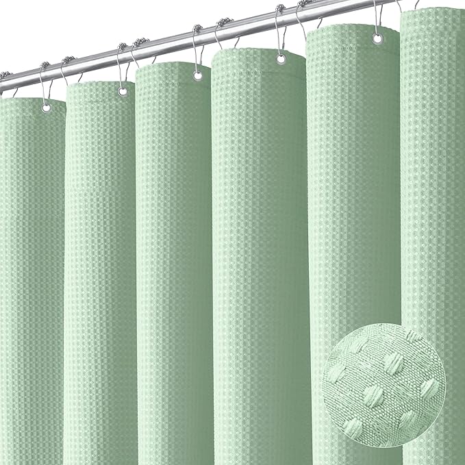Dynamene Mint Green Fabric Shower Curtain - Waffle Weave Textured Heavy Duty Cloth Shower Curtains for Bathroom, 256GSM Hotel Luxury Weighted Bath Curtain Set with 12 Hooks,72x72, Mint Green