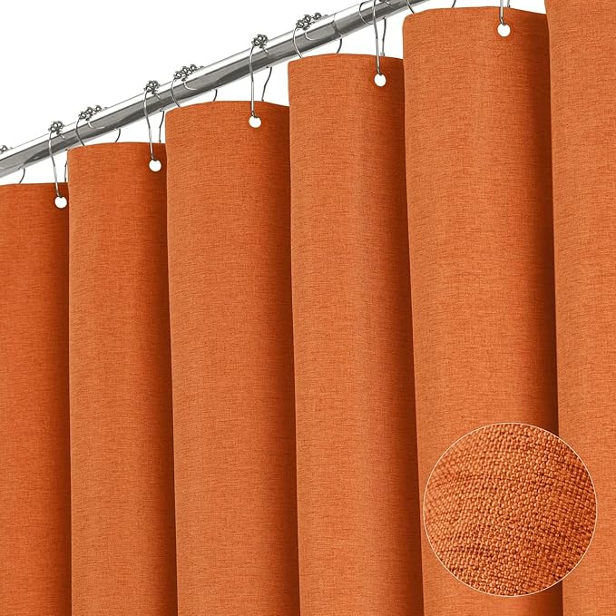 BTTN Stall Fabric Shower Curtain, 60 Inch Linen Textured Heavy Duty Small Cloth Shower Curtain Set with 10 Plastic Hooks, Narrow Simple Modern Weighted Shower Curtains for Bathroom - 60" x 72", Orange