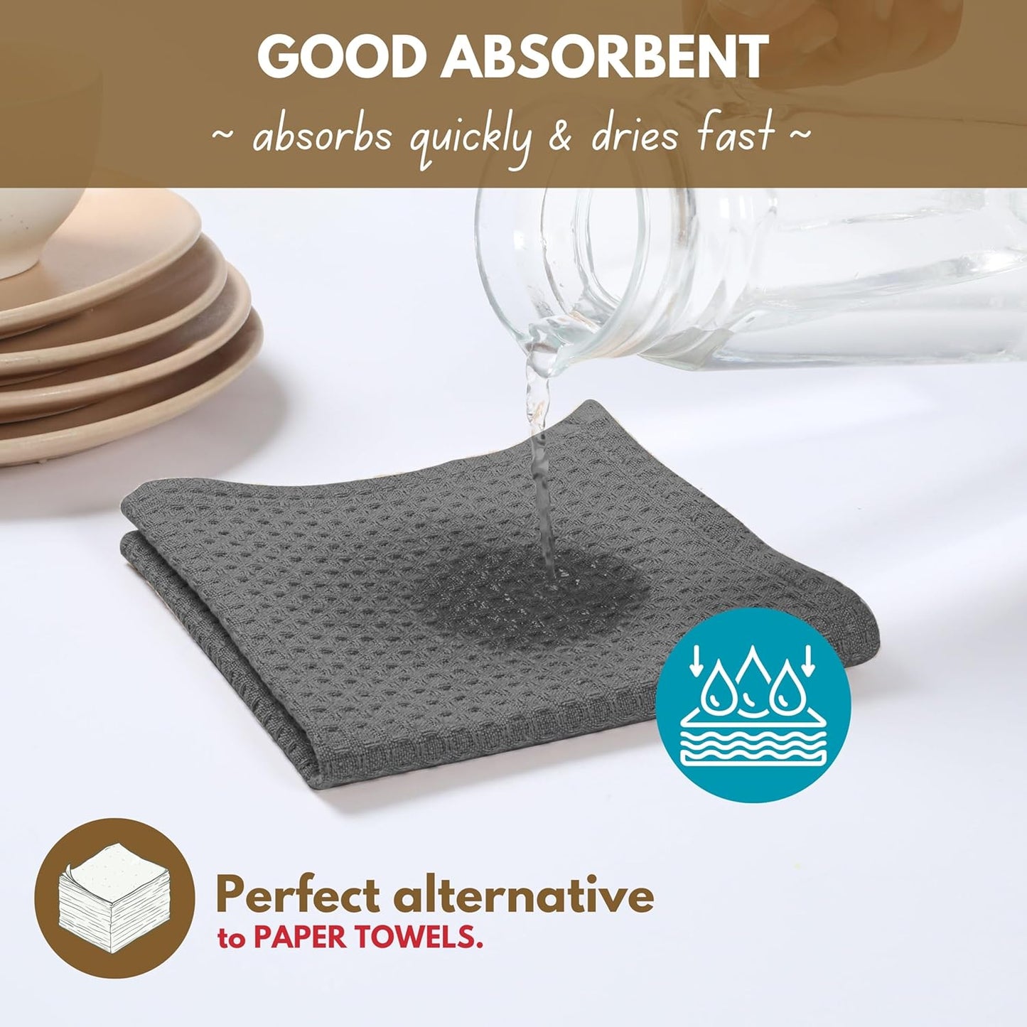 Native Fab Cotton Kitchen Towel - 16x26 inches, 6 Pack, Waffle Weave Kitchen Towels for Cleaning, Drying, Washcloths with Hanging Loop, Soft & Absorbent Dish Cloths, Grey