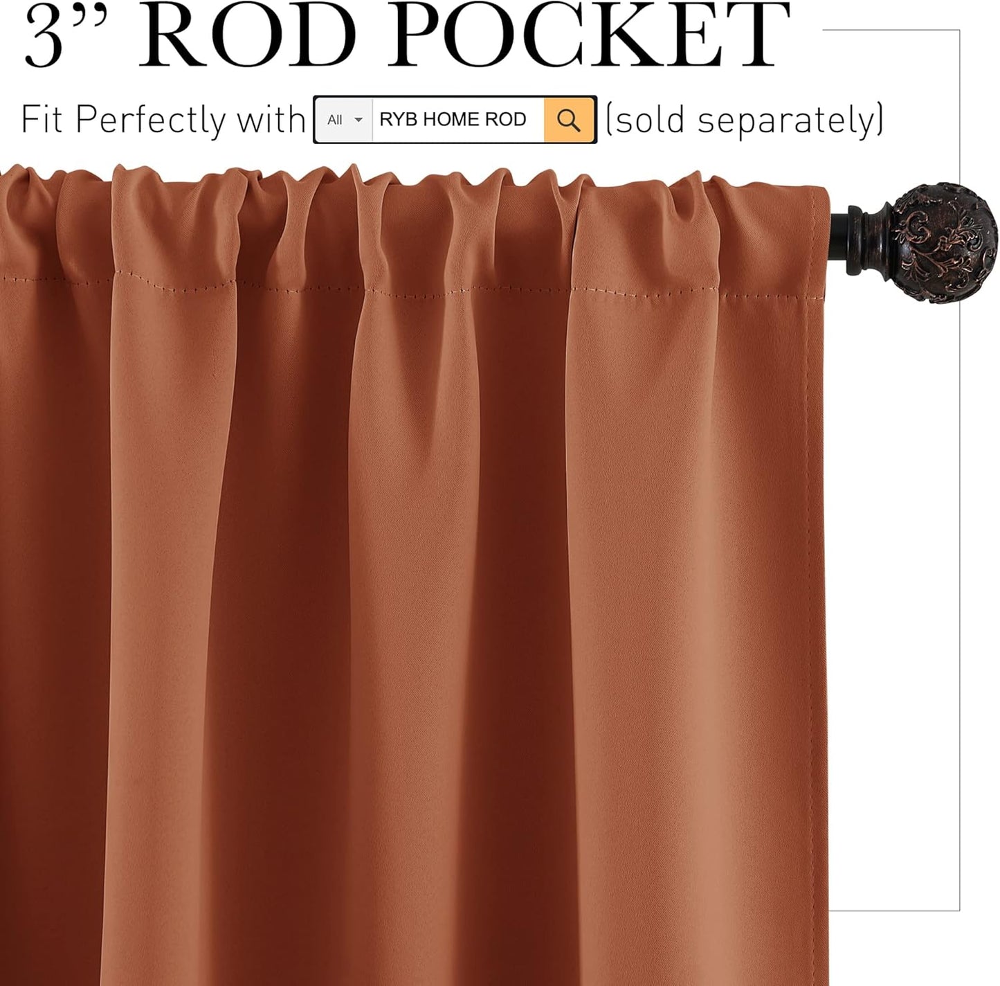 RYB HOME Bedroom Curtains Short - Blackout Privacy Energy Saving Curtains for RV Bunk Camper Bedroom Basement Kitchen Door Window Decor, 52" Width x 36" Length, Burnt Orange, 2 Pcs