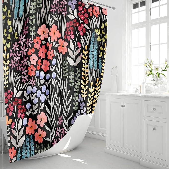 Colorful Floral Shower Curtain, Cute Boho Flower Fabric, Funky Watercolor Wildflower Shower Curtain Set, Cottagecore Bohemian Bathroom Decor, Black, 72x72