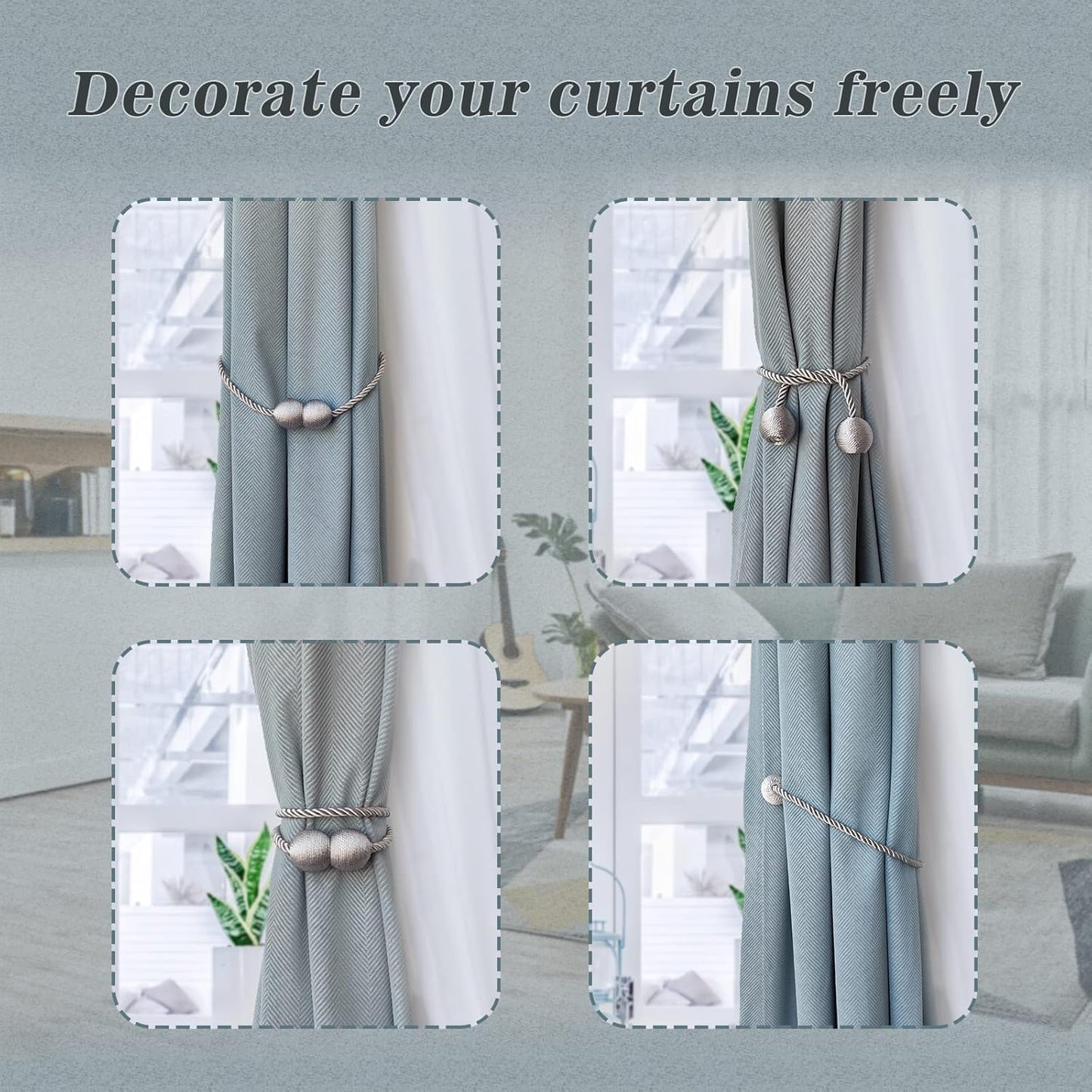 Hion Magnetic Curtain Tiebacks Grey 4 Pack, Curtain Tiebacks Buckles Holdbacks Holders Hooks Clip for Home Bedroom Office Decorative Thick or Thin Curtain