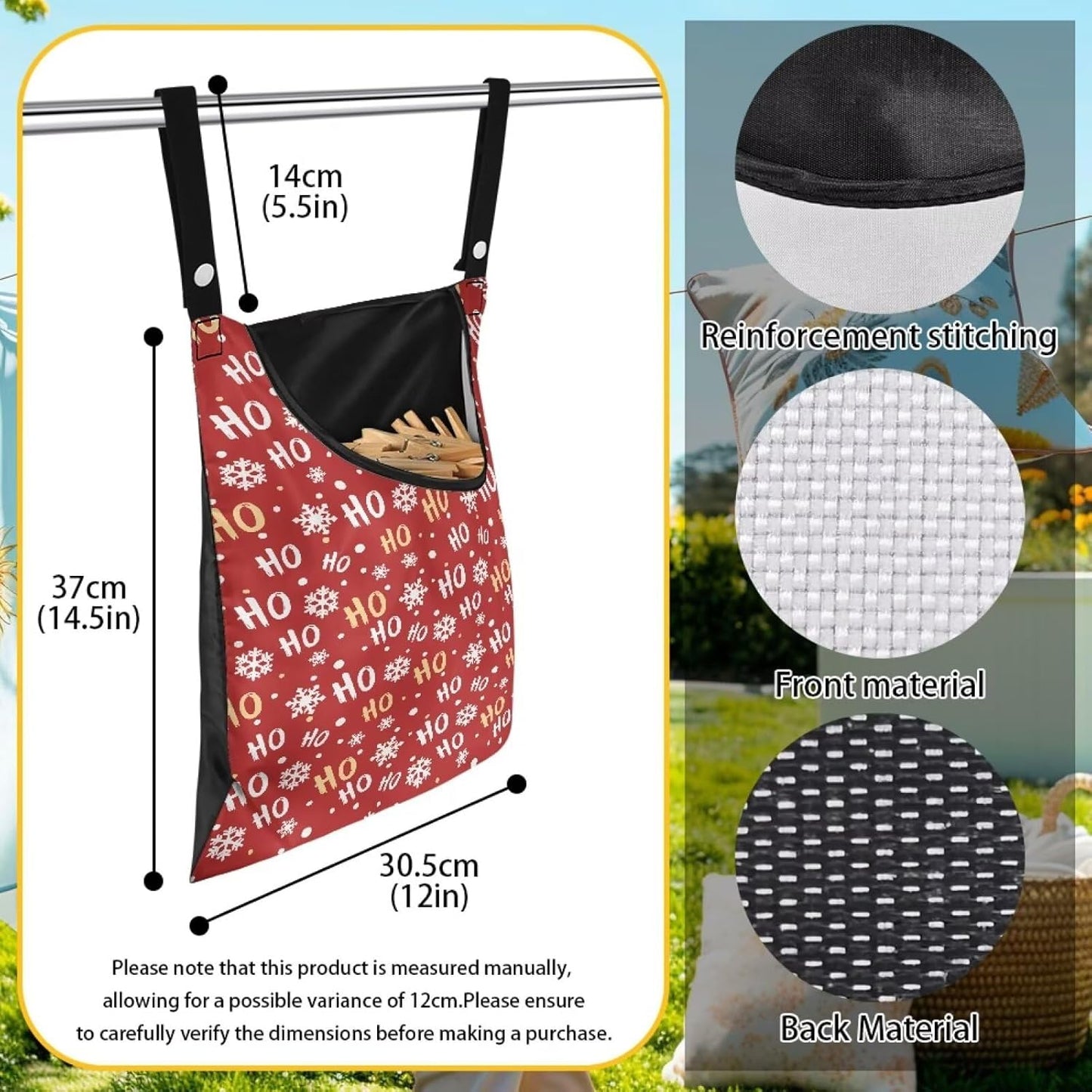 Clothespin Bag with Large Capacity for Mini and Wooden Clothespins with Large Opening Storage Organizer Laundry Hanging Bag - Christmas