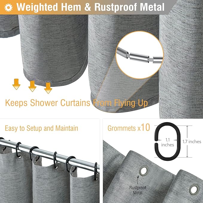 BTTN Stall Fabric Shower Curtain, 54x78 Inch Long Linen Textured Heavy Duty Small Cloth Shower Curtain Set with 10 Plastic Hooks, Narrow Hotel Spa Luxury Weighted Bath Curtains for Bathroom, Gray/Grey