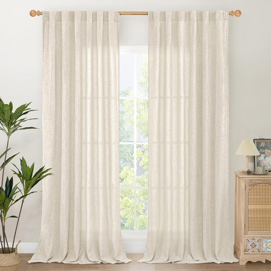YoungsTex Extre Long Linen Curtains 102 Inch Length for Living Room, Semi Sheer Window Drapes with Rod Pocket Back Tab Light Filtering for Farmhouse Bedroom, 2 Panels, 52 X 102 Inch
