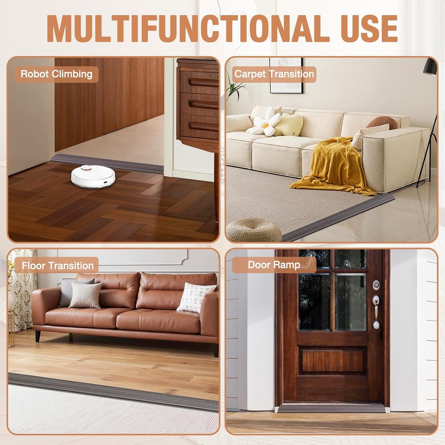 Floor Transition Strip Self Adhesive Vinyl Door Threshold for Doorways Carpet Edging Trim Overlap Edge Reducer for Laminate Floor, Carpet, Tile (Grayish Brown Wood Grain, 3/5" to 4/5", 10Ft)