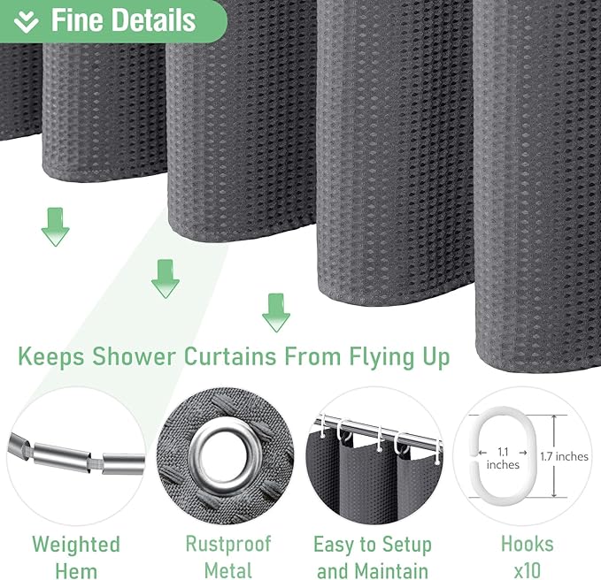 Dynamene Stall Fabric Shower Curtain - 54x78 inch Long Waffle Weave Weighted Thick Cloth Shower Curtains for Bathroom,Heavy Duty Hotel Spa Luxury Bath Curtain Set with 10 Plastic Hooks,Charcoal Grey