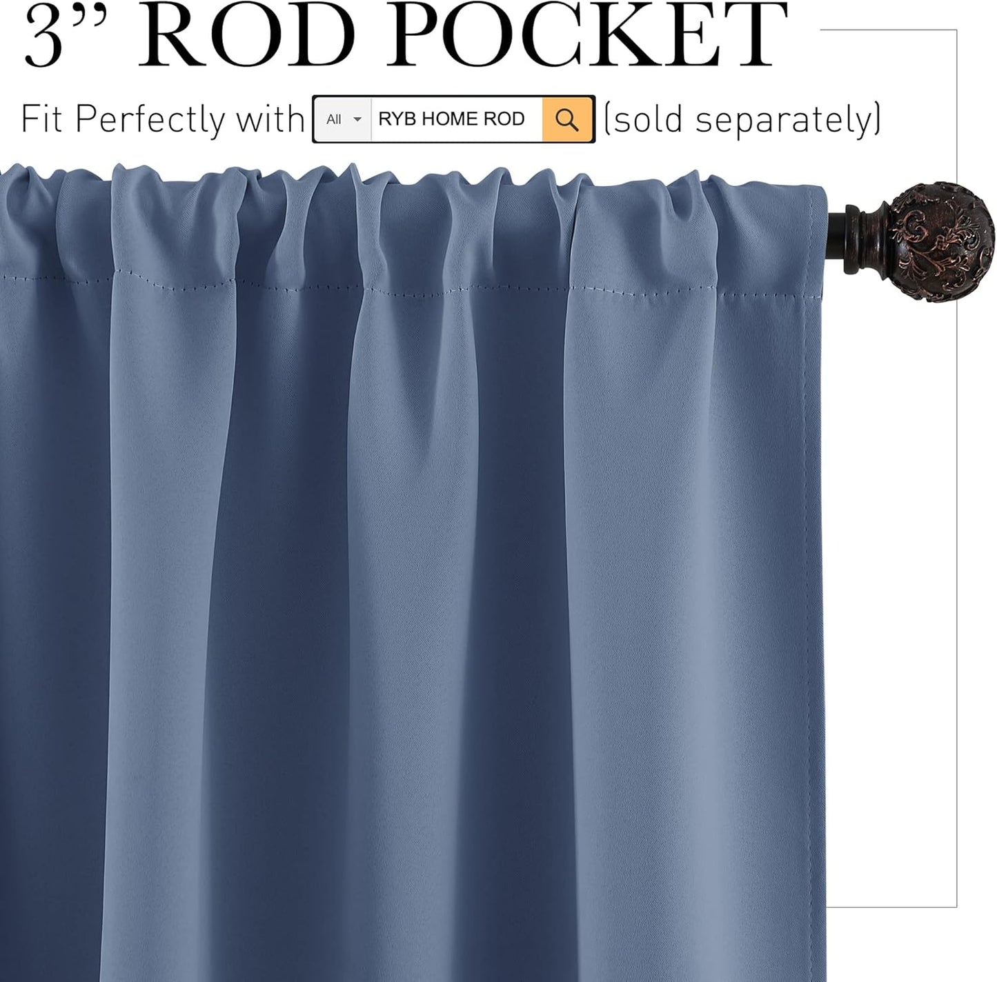 RYB HOME 45 inch Curtains for Kitchen Room Darkening Privacy Mini Curtain for RV Camper Bathroom Small Window, Width 34 x Length 45 inch, 2 Panels Set, Stone Blue