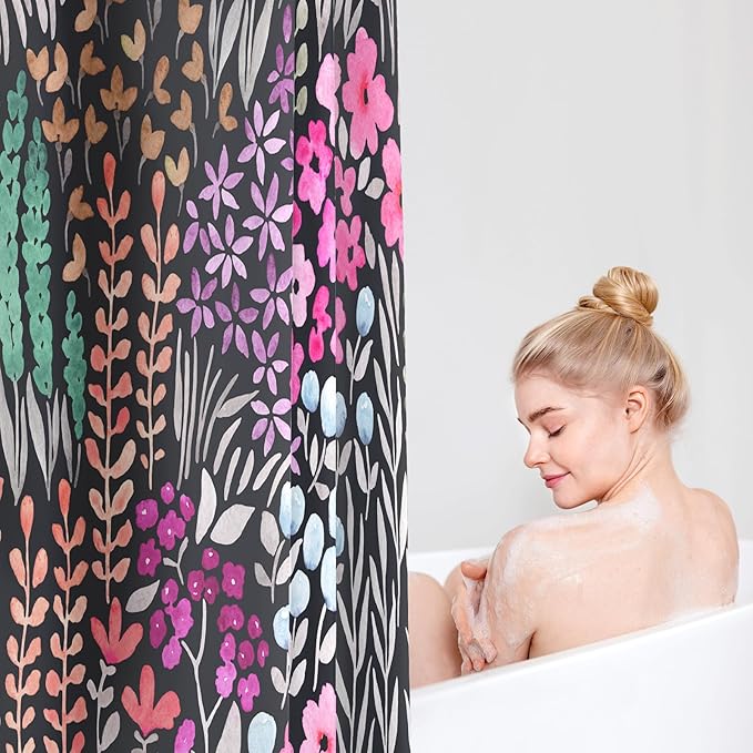 Black Floral Shower Curtain 60x72, Hot Pink Boho Flower Fabric Shower Curtain, Cute Funky Watercolor Wildflower Shower Curtain Set, Cottagecore Bohemian Bathroom Decor
