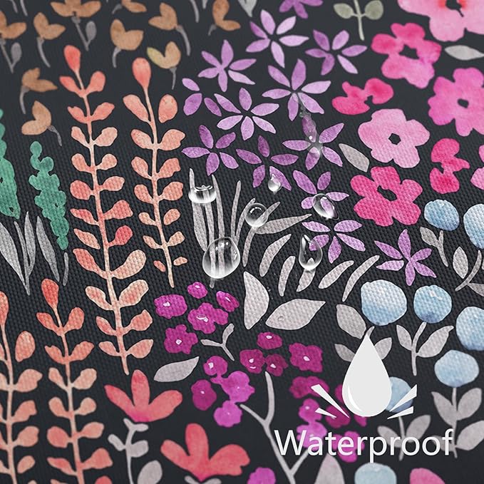 Black Floral Shower Curtain 60x72, Hot Pink Boho Flower Fabric Shower Curtain, Cute Funky Watercolor Wildflower Shower Curtain Set, Cottagecore Bohemian Bathroom Decor