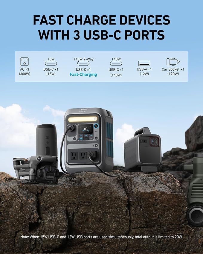 Anker Portable Power Station SOLIX C300, 288Wh LiFePO4 Battery, 300W (600W Surge) Solar Generator, 140W Two-Way Fast Charging, for Outdoor Camping, Traveling, and Emergencies (Solar Panel Optional)