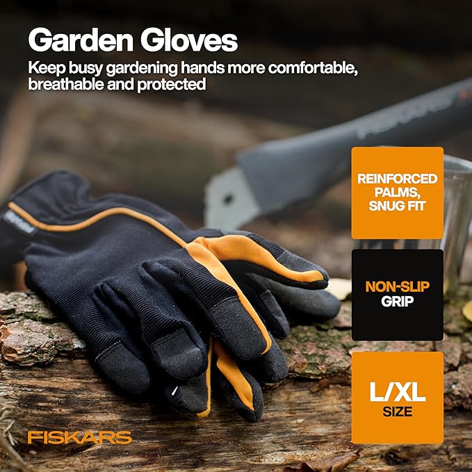 Fiskars House Plant Starter Tool Gift Set with Bypass Pruner, Trowel, Cultivator, and L/XL Garden Gloves, Accessories for Indoor Gardening (4 Piece Kit)