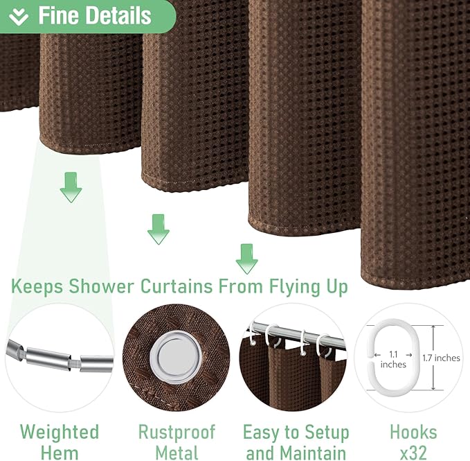 Dynamene Extra Wide Shower Curtain - 180 Inch Wide Waffle Weave Weighted Thick Cloth Bathroom Shower Curtain, Neutral Heavy Duty Hotel Bath Curtain Set with 32 Plastic Hooks, 180x72, Brown