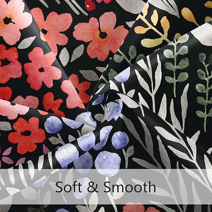 Extra Long Shower Curtain 72 x 84 Inch, Tall Cute Floral Shower Curtain for Bathroom, Colorful Wildflower Boho Cottagecore Fabric Shower Curtain Set with Hooks, Black