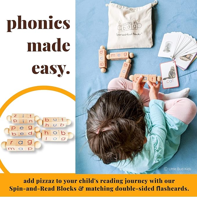 LITTLE BUD KIDS Spin-and-Read Montessori Phonetic Reading Blocks with CVC Phonics Flashcards for Beginner Readers, Montessori Reading Wooden Toys for 3 Years +