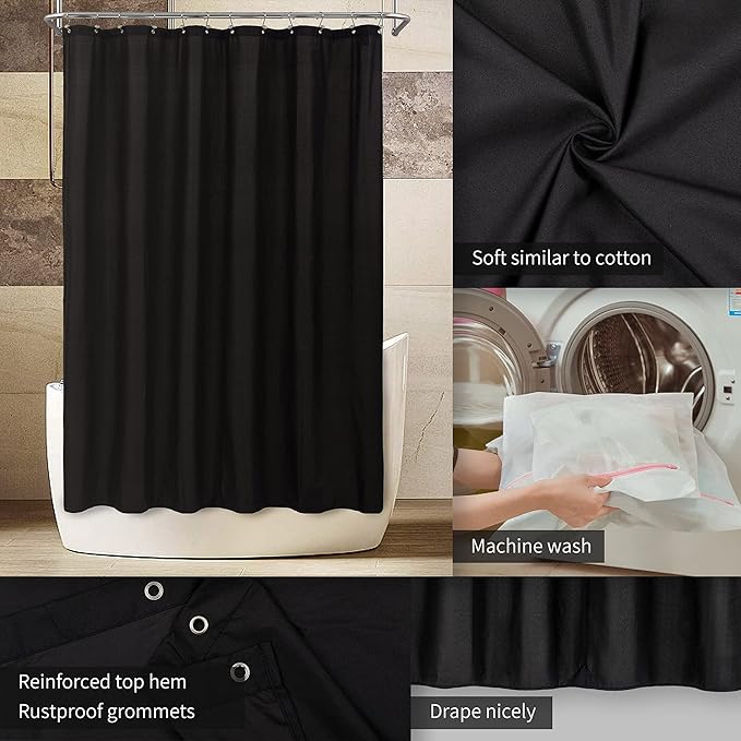 ALYVIA SPRING Waterproof Fabric Shower Curtain Soft Hotel Quality - 3 Magnets at Bottom, Premium Black Shower Curtain Liner for Bathroom, Light-Weight Cloth & Washable - 72x72, Black