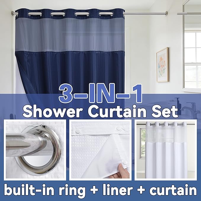 Conbo Mio No Hook Waffle Weave Shower Curtain with Snap in Liner Set, Hotel Luxury Dark Blue Shower Curtains for Bathroom with See Through Top Window, Waterproof, Washable 71W x 74H Stripe