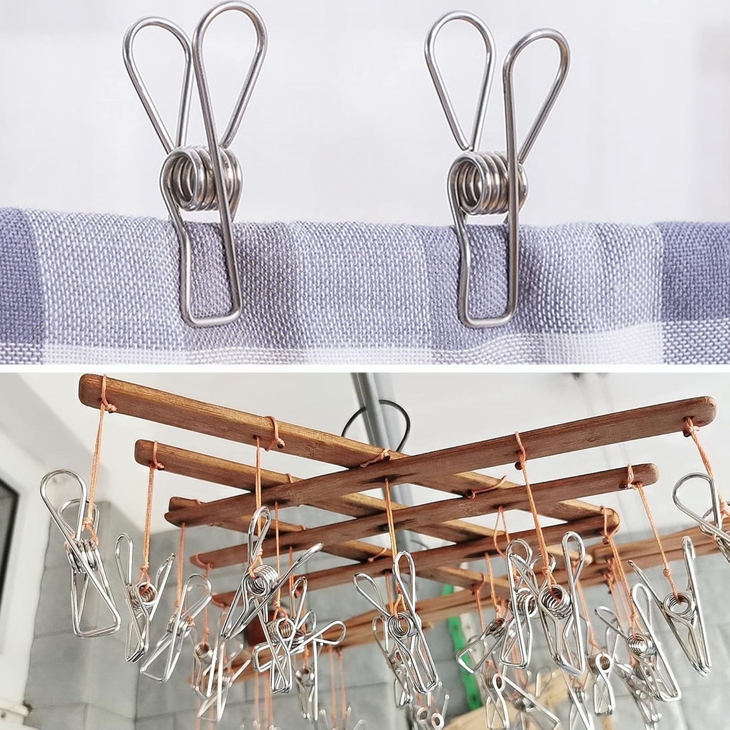 50 Pcs Clothespins Laundry Chip Clips - Durable Stainless Steel Clothes Pins,Heavy Duty Clamp Metal Wire Clothes Pegs with One Storage Bag & 2 Hooks,for Outdoor Clothesline Home Kitchen Office