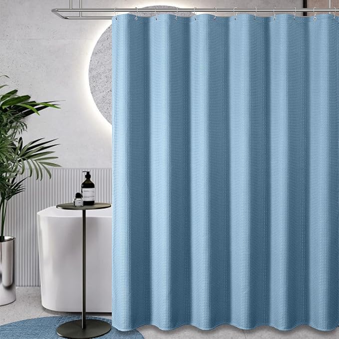 Dynamene Stall Fabric Shower Curtain - 54 inch Wide Waffle Weave Weighted Thick Cloth Shower Curtains for Bathroom, Heavy Duty Hotel Spa Luxury Bath Curtain Set with 10 Hooks, 54x72, Moonlight Blue