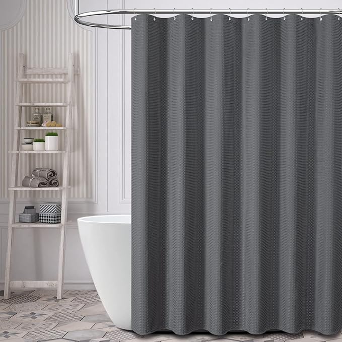 Dynamene Extra Wide Shower Curtain - 180 Inch Wide Waffle Weave Weighted Thick Cloth Bathroom Shower Curtain, Neutral Heavy Duty Hotel Shower Curtain Set with 32 Plastic Hooks,180x72, Charcoal Grey