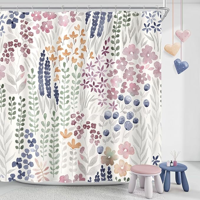 Extra Long Shower Curtain 72 x 84 Inch, Tall Cute Floral Shower Curtain for Bathroom, Mauve Wildflower Boho Cottagecore Fabric Shower Curtain Set with Hooks