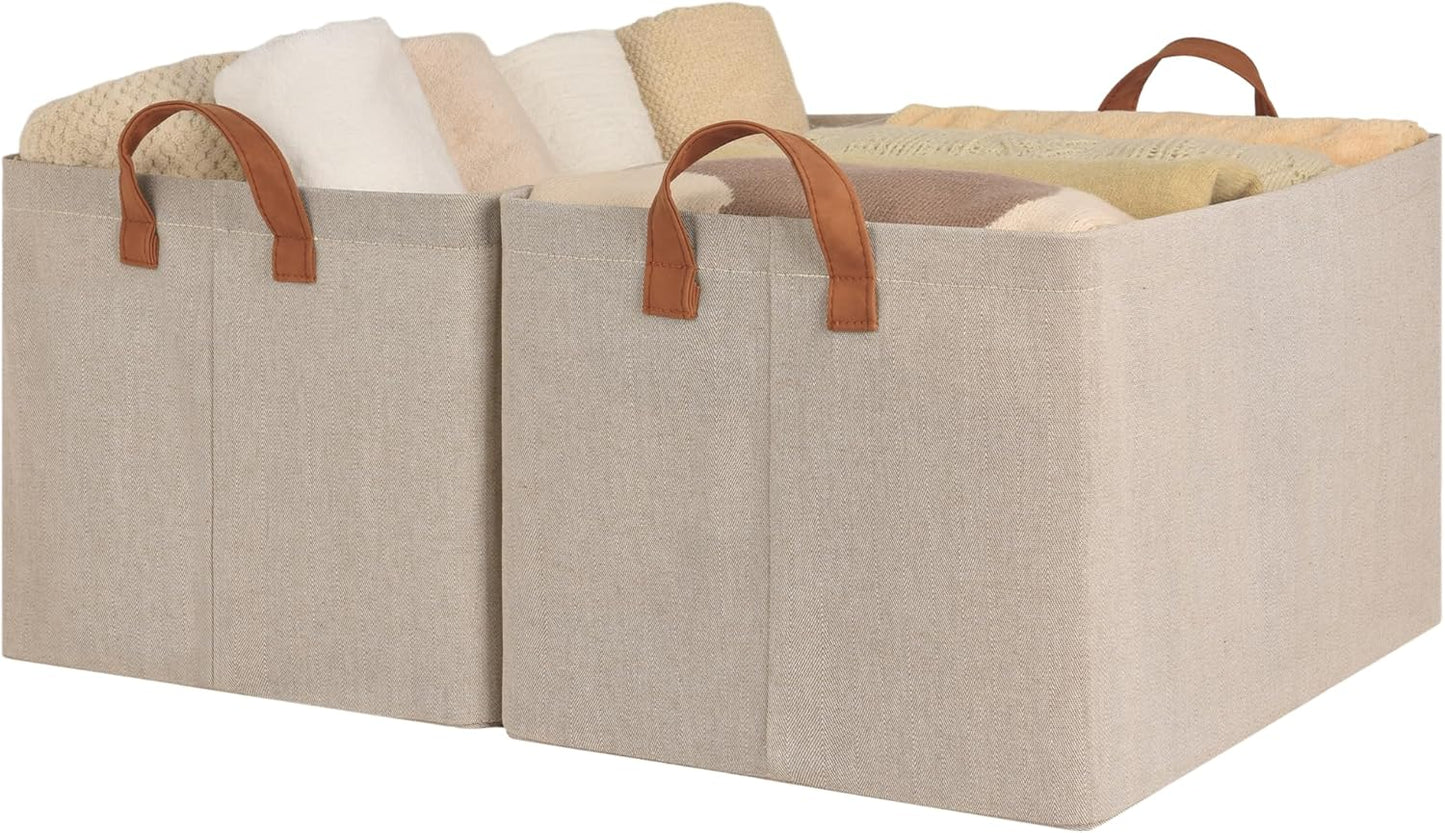 StorageWorks Storage Bins, Fabric Storage Bins for Shelves, Extra Large Storage Baskets with Metal Frame, Closet Baskets and Bins with Handles, Jumbo, Brown and Beige, 2-Pack