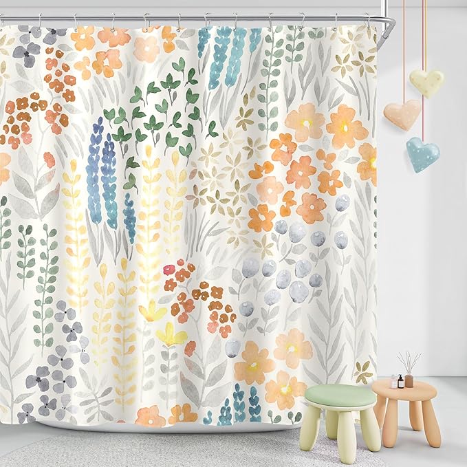 Extra Long Shower Curtain 72 x 96 Inch, Floor to Ceiling X-Long Tall Cute Floral Shower Curtain for Bathroom, Orange Wildflower Boho Cottagecore Fabric Shower Curtain Set with Hooks