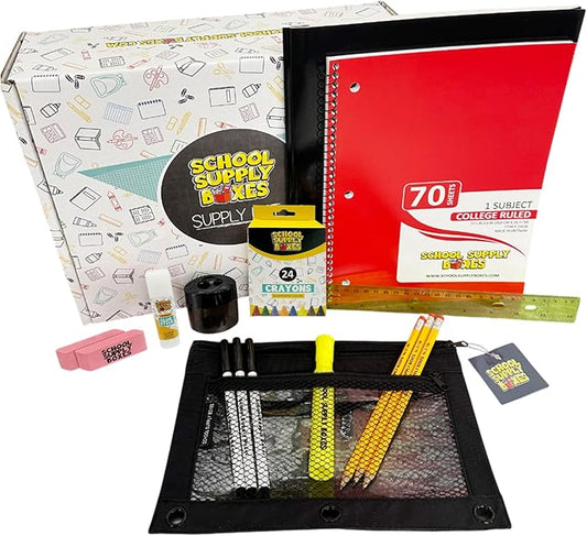School Supply Boxes | Budget Saver Case (4 Boxes) | Back to School Essentials Kit for Students & Teachers | Includes Spiral Notebook, Crayons, Pens, Pencils, Glue & More